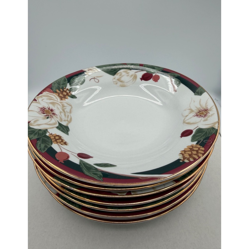 Vintage Tienshan Magnolia Fine China Rimmed Soup Bowls 8" Set of 8 Floral